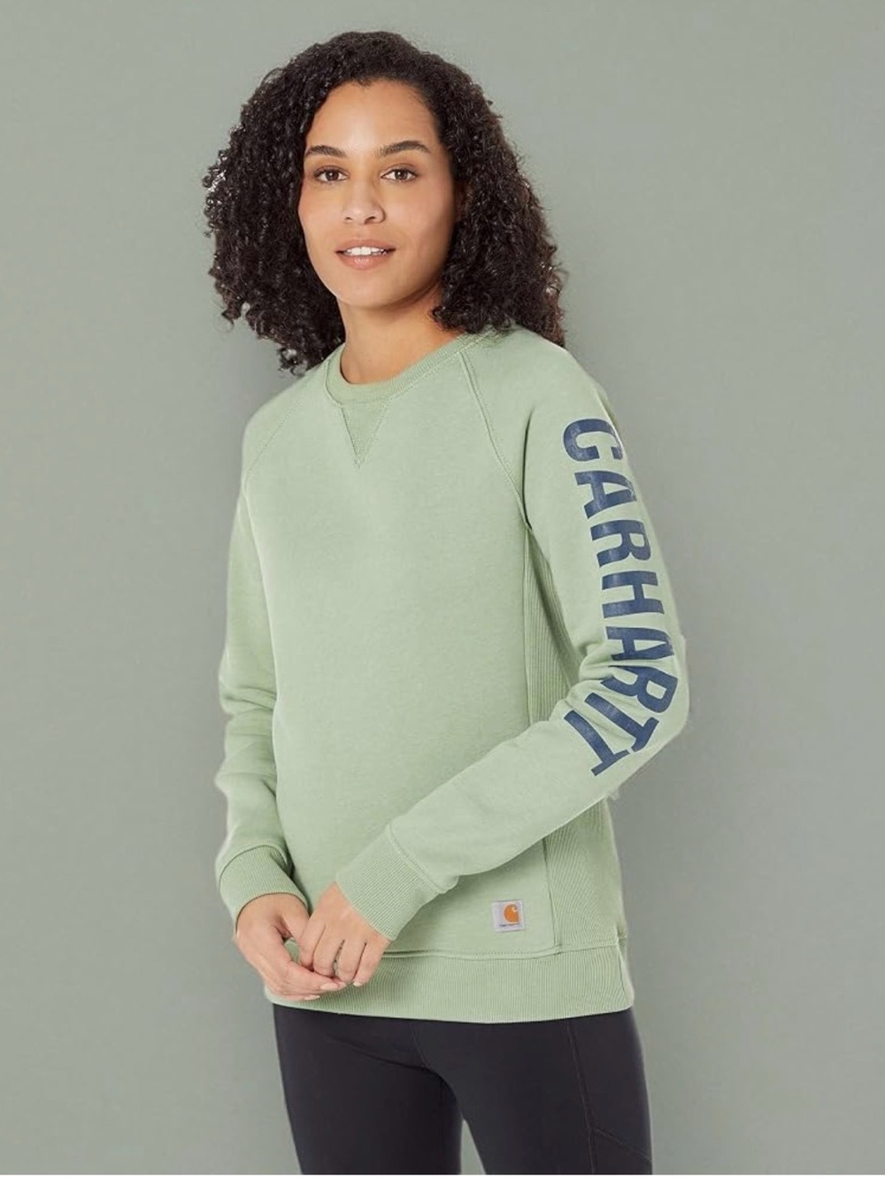 Carhartt Women's Sage Green Logo Sleeve Crewneck Sweater